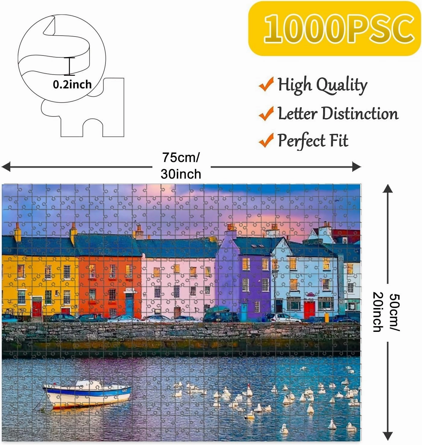 1000 Piece Jigsaw Puzzle Game, Colorful Across Galway Harbour Ireland Large Puzzle Artwork for Adults Teens Challenging Puzzle Game Nights Toy Gift