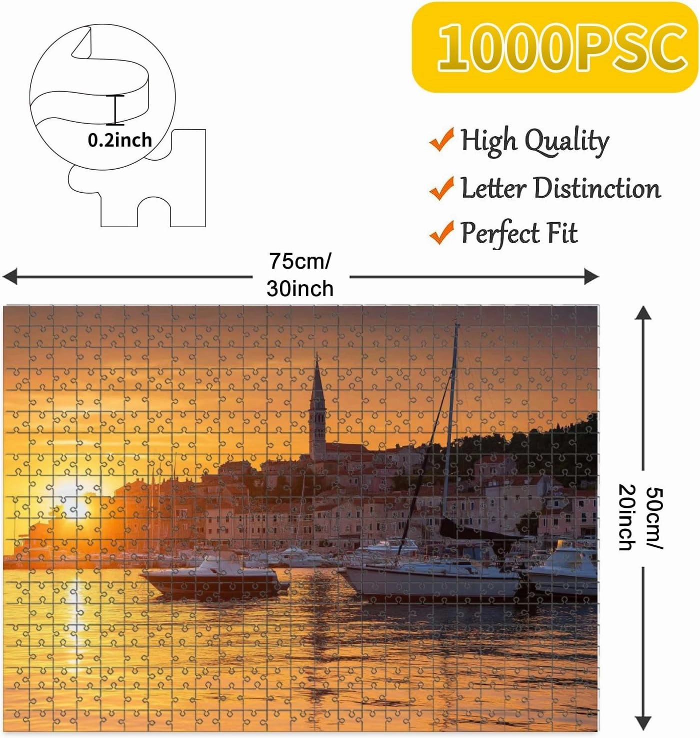 1000 Piece Jigsaw Puzzle Game, Colorful Wonderful Romantic Old Town Adriatic sea Boats Yachts Harbour Magical Large Puzzle Artwork for Adults Teens Challenging Puzzle Game Nights Toy Gift