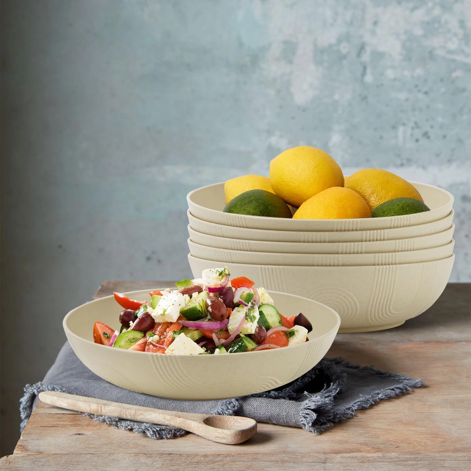 10inch Wheat Straw Big Bowls Set of 6 - Large Salad Bowls 65oz set of 6 - Unbreakable Serving Bowls Microwave & Dishwasher Safe for restaurant - Big Plastic Bowls for Cereal,Salad - Beige Series