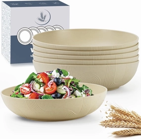 10inch Wheat Straw Big Bowls Set of 6 - Large Salad Bowls 65oz set of 6 - Unbreakable Serving Bowls Microwave & Dishwasher Safe for restaurant - Big Plastic Bowls for Cereal,Salad - Beige Series