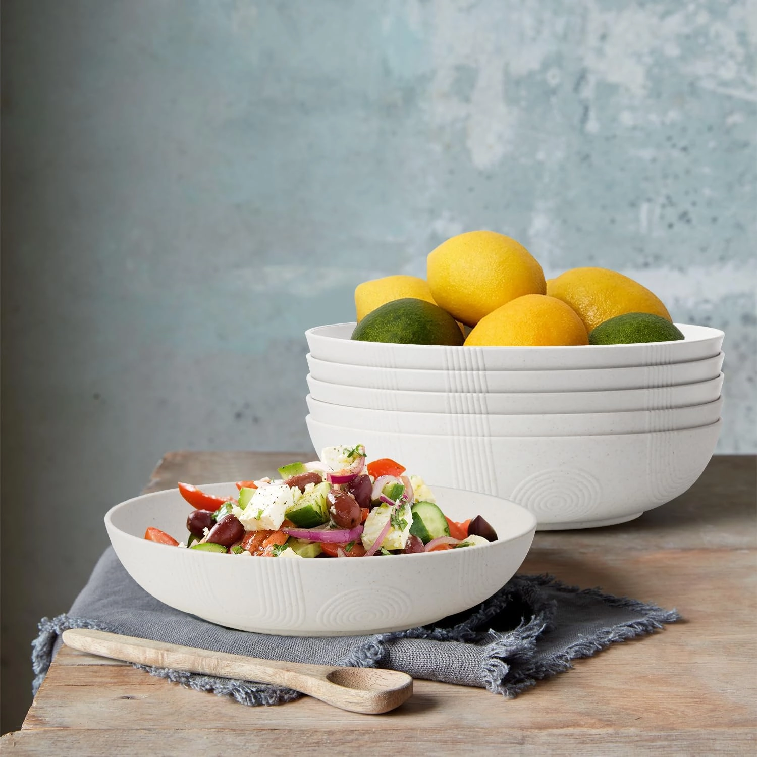 10inch Wheat Straw Salad Bowls Set of 6 - Unbreakable Large Serving Bowls Microwave & Dishwasher Safe for restaurant - Big Plastic Bowls for Cereal,Salad - White Series