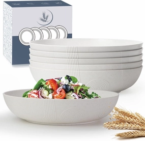 10inch Wheat Straw Salad Bowls Set of 6 - Unbreakable Large Serving Bowls Microwave & Dishwasher Safe for restaurant - Big Plastic Bowls for Cereal,Salad - White Series