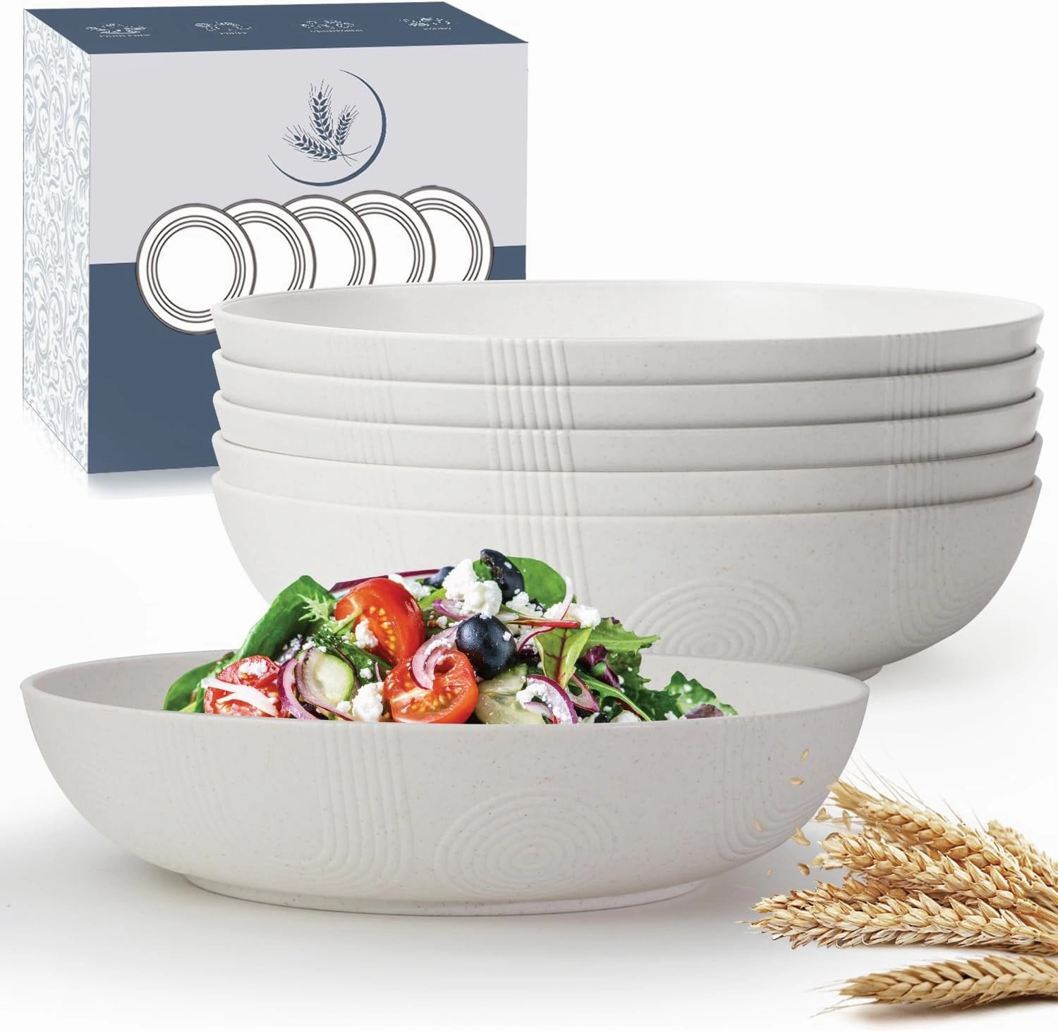 10inch Wheat Straw Salad Bowls Set of 6 - Unbreakable Large Serving Bowls Microwave & Dishwasher Safe for restaurant - Big Plastic Bowls for Cereal,Salad - White Series