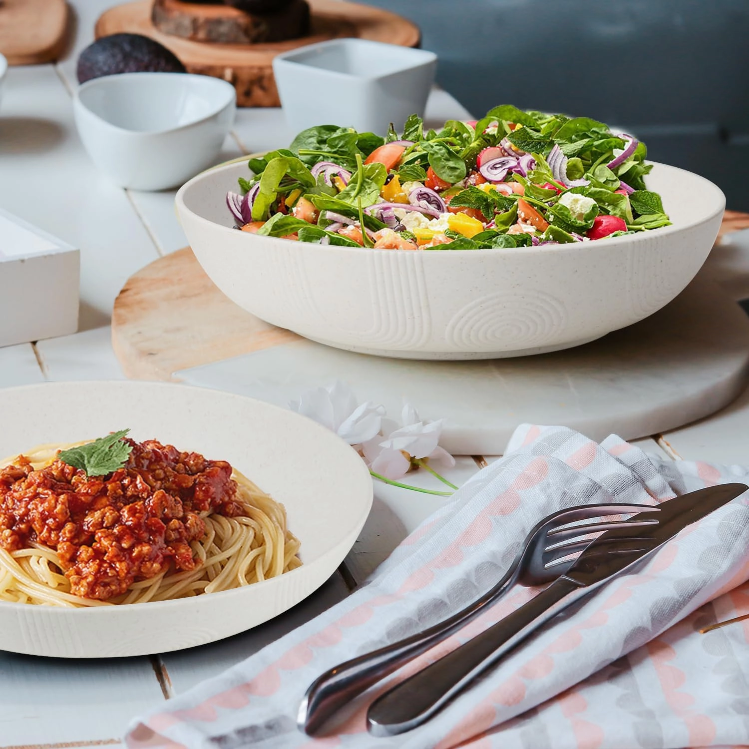 10inch Wheat Straw Salad Bowls Set of 6 - Unbreakable Large Serving Bowls Microwave & Dishwasher Safe for restaurant - Big Plastic Bowls for Cereal,Salad - White Series