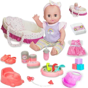 12 Inch Baby Doll Play Set with Carrier Bassinet Bed,Talking Realistic Newborn Baby Doll Toys Incl 2 Clothes & Accessories, Feeding Care Toddler Infant Doll Gifts for Age 3 4 5 6  Years Old Girls Kid