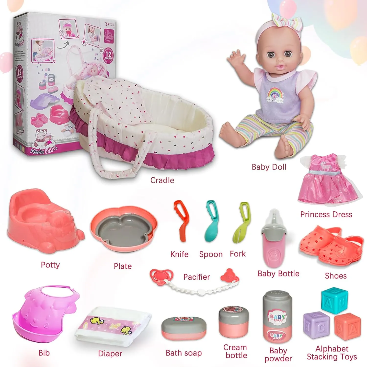 12 Inch Baby Doll Play Set with Carrier Bassinet Bed,Talking Realistic Newborn Baby Doll Toys Incl 2 Clothes & Accessories, Feeding Care Toddler Infant Doll Gifts for Age 3 4 5 6  Years Old Girls Kid