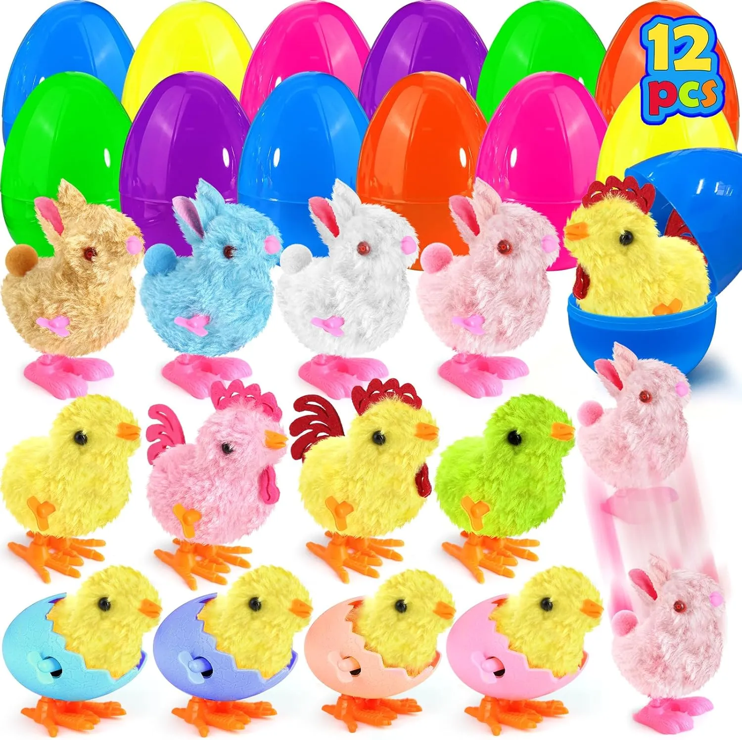 12 Pack Jumbo 4" Easter Eggs Fillers with Wind Up Bunny Chicks Plush, Easter Basket Stuffers for Kids Party Favors for Kids Boys Girls Toddler Teens