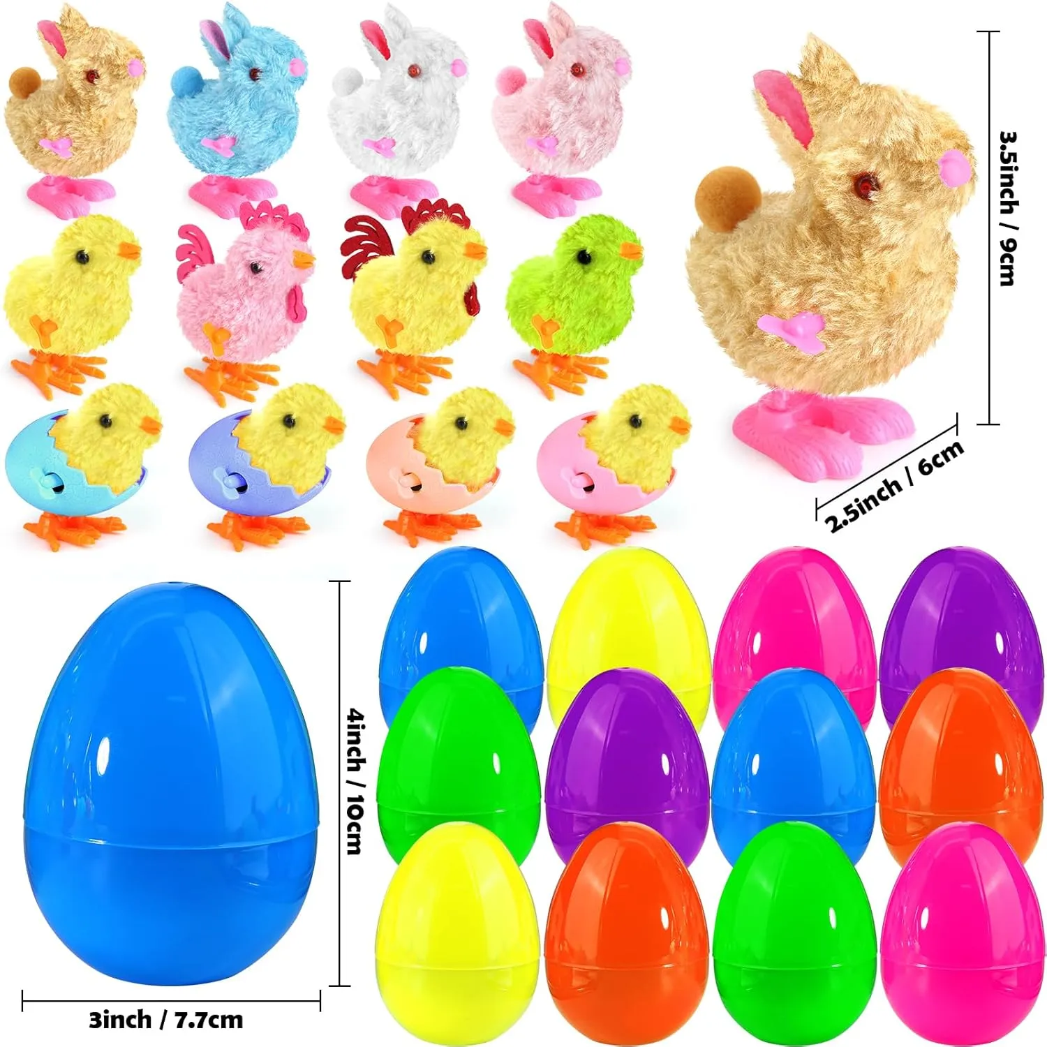 12 Pack Jumbo 4" Easter Eggs Fillers with Wind Up Bunny Chicks Plush, Easter Basket Stuffers for Kids Party Favors for Kids Boys Girls Toddler Teens