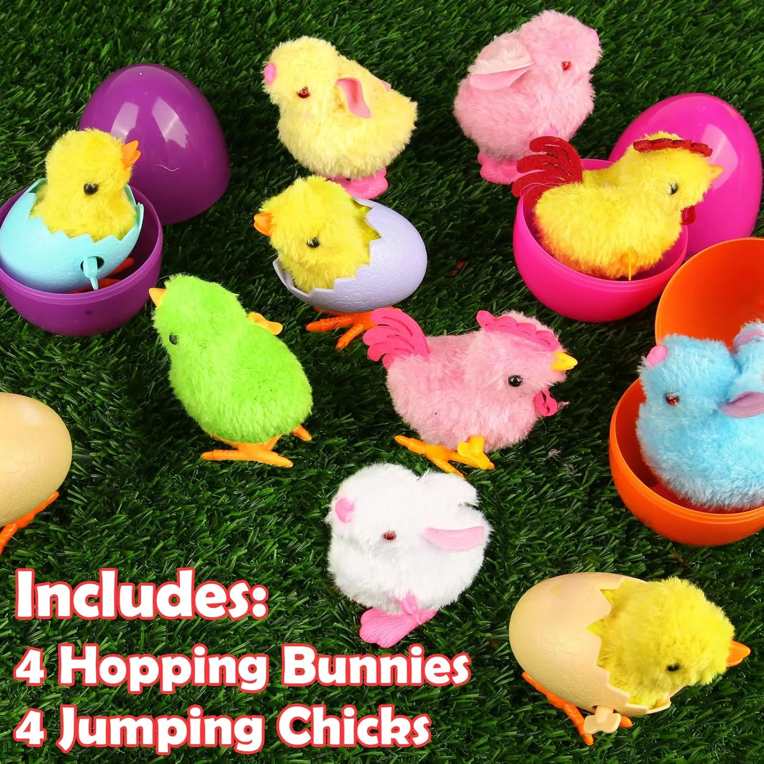 12 Pack Jumbo 4" Easter Eggs Fillers with Wind Up Bunny Chicks Plush, Easter Basket Stuffers for Kids Party Favors for Kids Boys Girls Toddler Teens