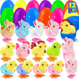 12 Pack Jumbo 4" Easter Eggs Fillers with Wind Up Bunny Chicks Plush, Easter Basket Stuffers for Kids Party Favors for Kids Boys Girls Toddler Teens