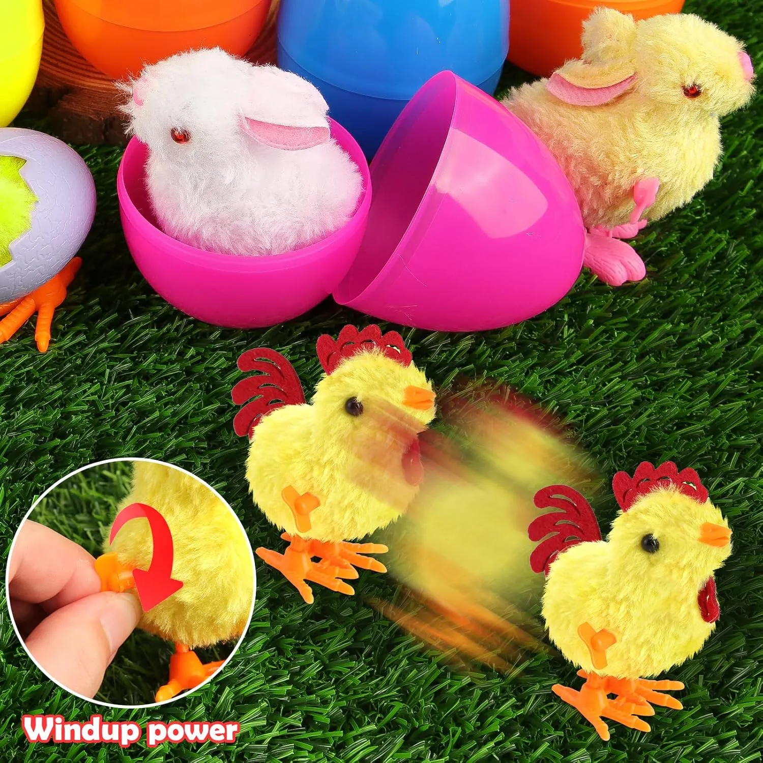 12 Pack Jumbo 4" Easter Eggs Fillers with Wind Up Bunny Chicks Plush, Easter Basket Stuffers for Kids Party Favors for Kids Boys Girls Toddler Teens