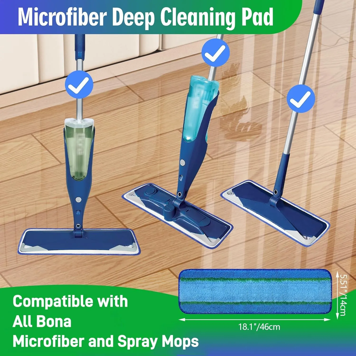 12-Pack Microfiber Deep Cleaning Pad Compatible with 18 Inch Bona Family of Mops, Replacement Mop Pads Refills for Hardwood & Hard Surface Floors, Washable & Reusable