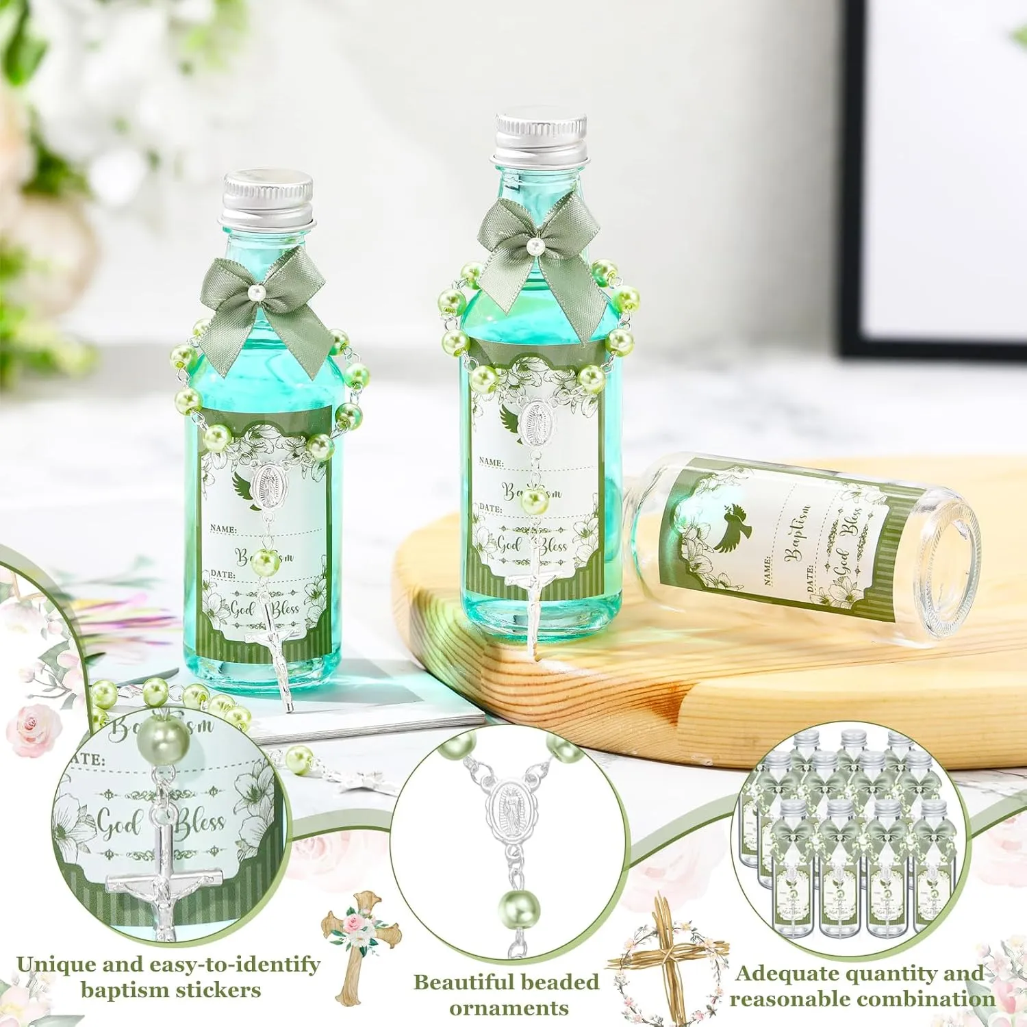 12 Sets Catholic Holy Water Bottle Baptism Rosary Set Baptism Favors 1.7oz Christian Water Container Empty Glass Holy Water Bottle for Easter Party Church Wedding Table Newborn (Green)