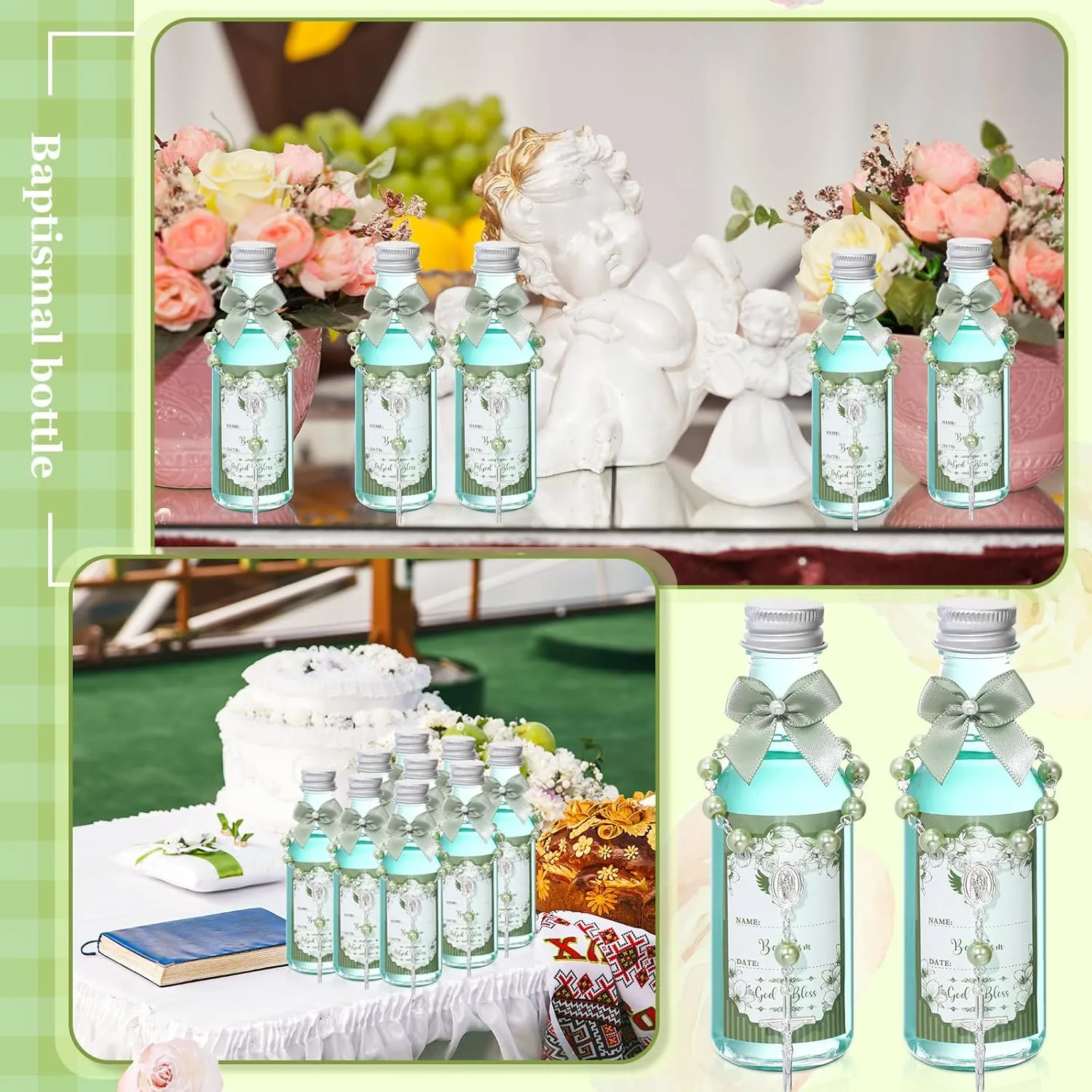 12 Sets Catholic Holy Water Bottle Baptism Rosary Set Baptism Favors 1.7oz Christian Water Container Empty Glass Holy Water Bottle for Easter Party Church Wedding Table Newborn (Green)