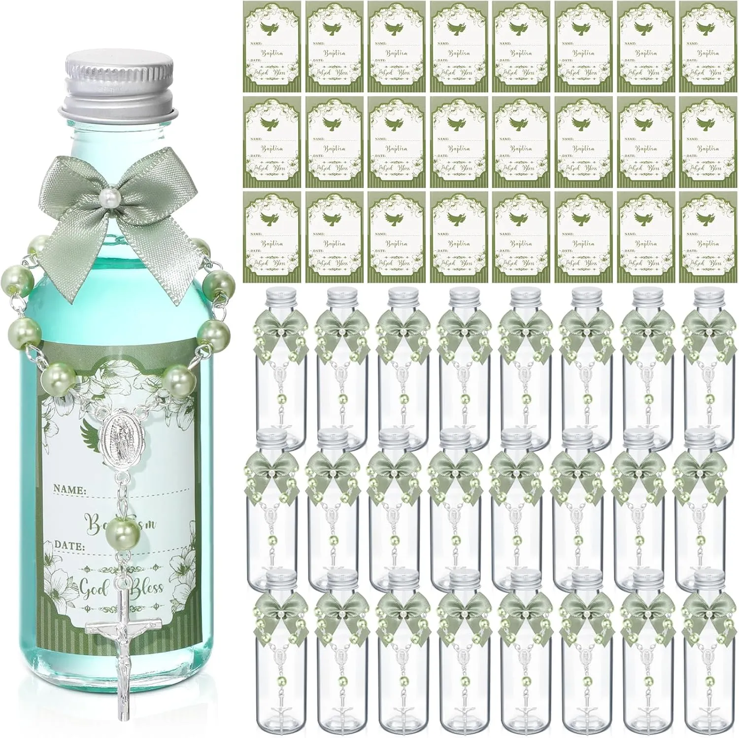 12 Sets Catholic Holy Water Bottle Baptism Rosary Set Baptism Favors 1.7oz Christian Water Container Empty Glass Holy Water Bottle for Easter Party Church Wedding Table Newborn (Green)