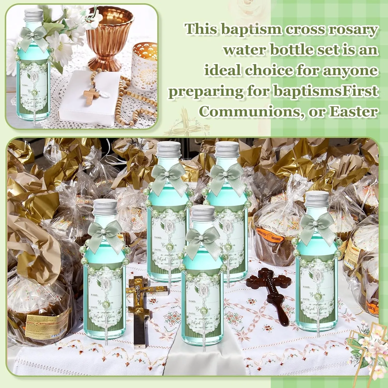 12 Sets Catholic Holy Water Bottle Baptism Rosary Set Baptism Favors 1.7oz Christian Water Container Empty Glass Holy Water Bottle for Easter Party Church Wedding Table Newborn (Green)