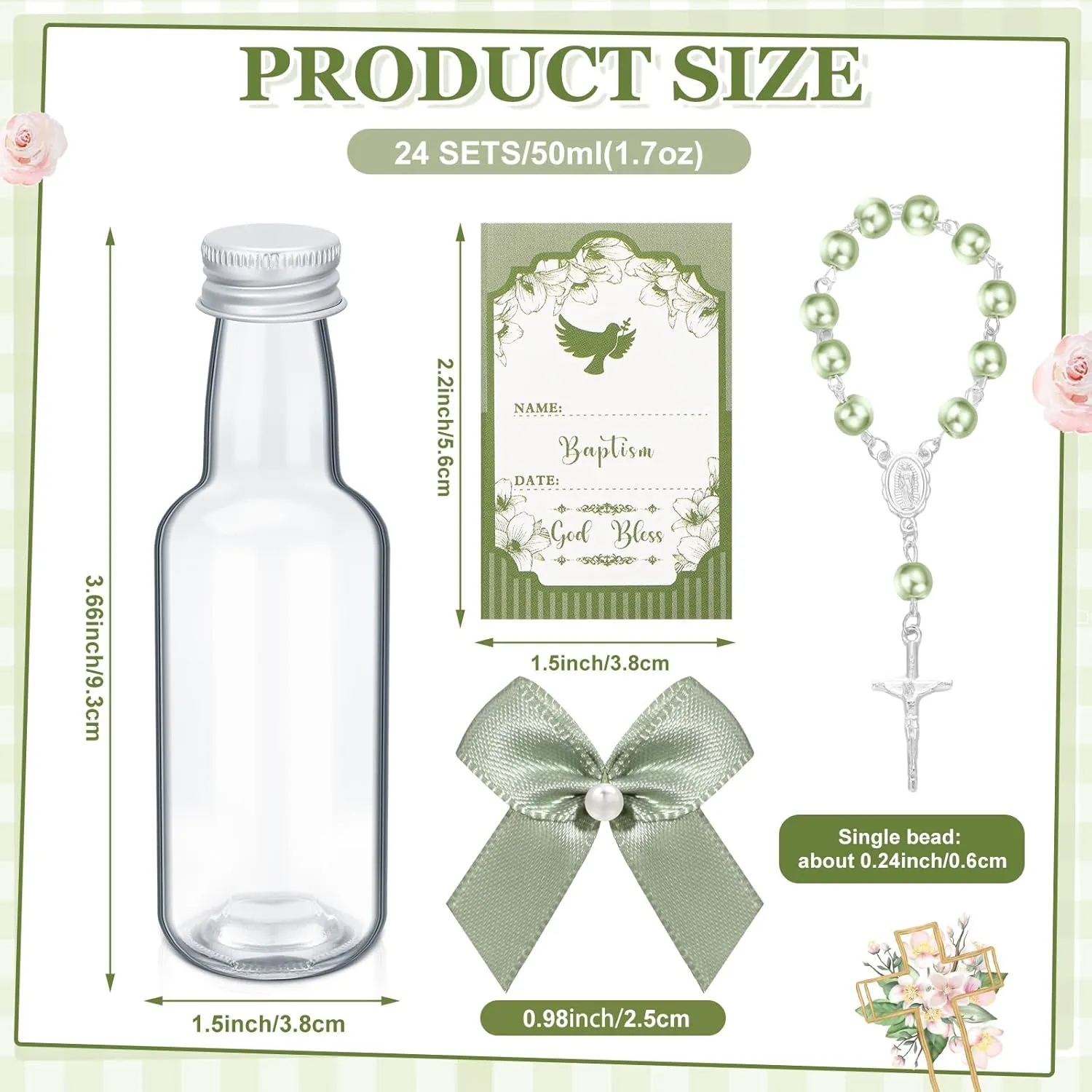 12 Sets Catholic Holy Water Bottle Baptism Rosary Set Baptism Favors 1.7oz Christian Water Container Empty Glass Holy Water Bottle for Easter Party Church Wedding Table Newborn (Green)