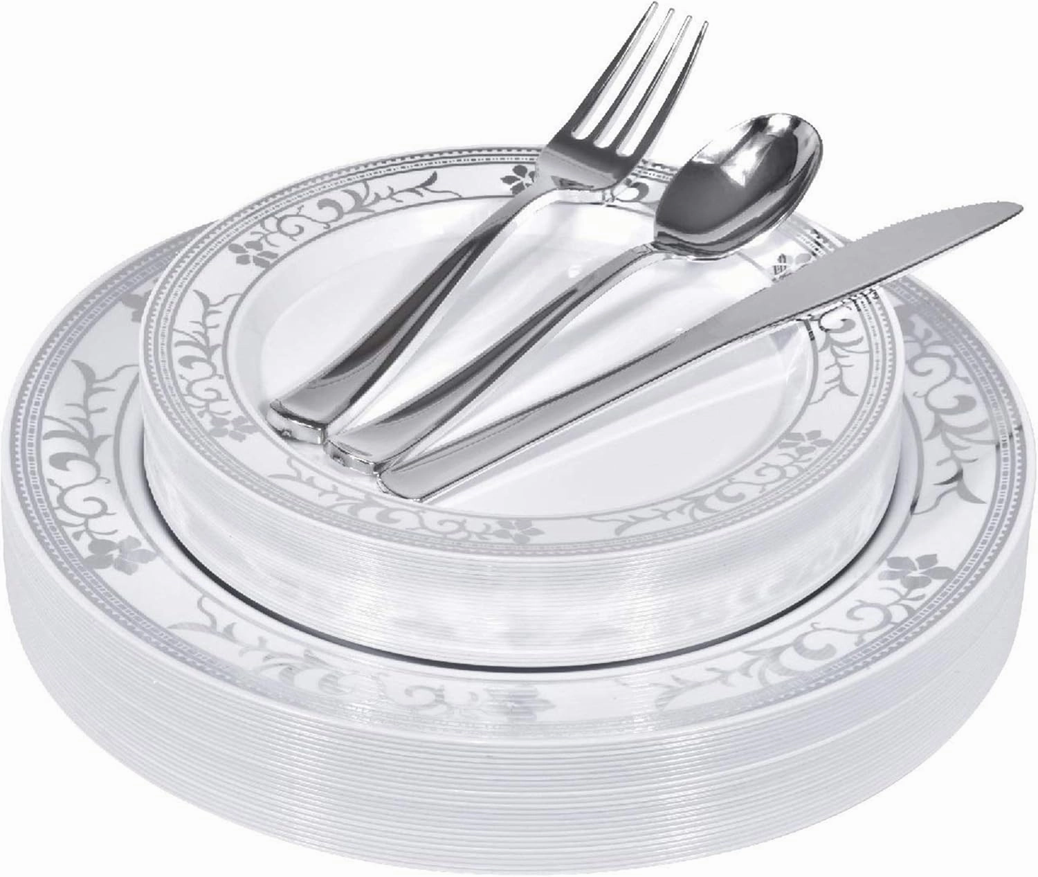 125-Piece White and Silver Floral Fancy Plastic Plates Disposable with Silverware, Elegant Dinnerware for Weddings, Holiday Party China, Set of 25 Dinner   Salad Plates, 25 Spoons, 25 Forks, 25 Knives