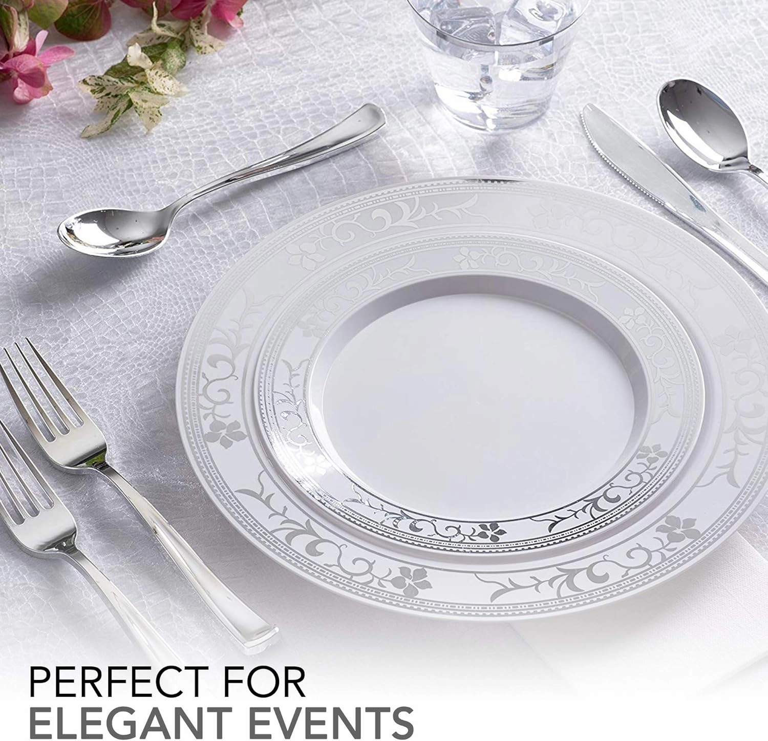 125-Piece White and Silver Floral Fancy Plastic Plates Disposable with Silverware, Elegant Dinnerware for Weddings, Holiday Party China, Set of 25 Dinner   Salad Plates, 25 Spoons, 25 Forks, 25 Knives