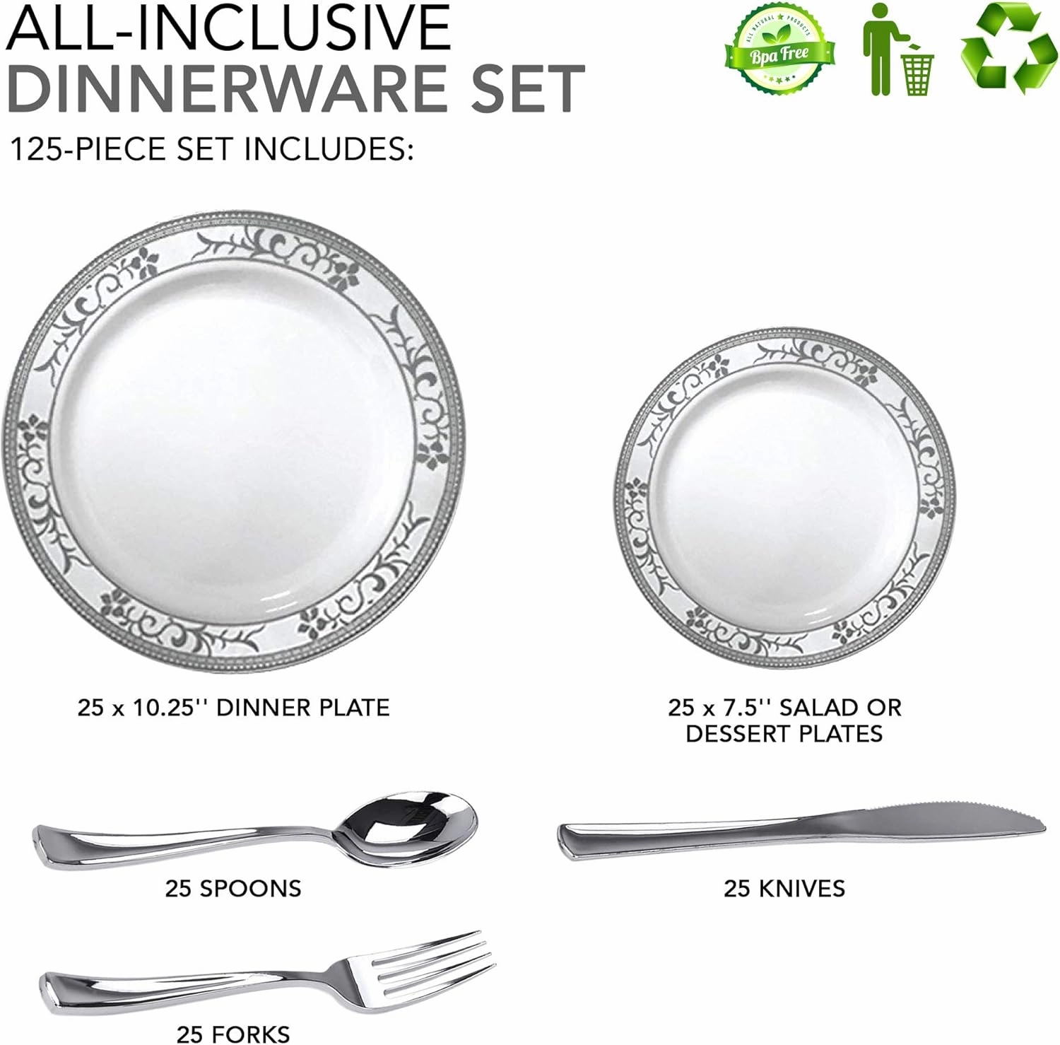 125-Piece White and Silver Floral Fancy Plastic Plates Disposable with Silverware, Elegant Dinnerware for Weddings, Holiday Party China, Set of 25 Dinner   Salad Plates, 25 Spoons, 25 Forks, 25 Knives