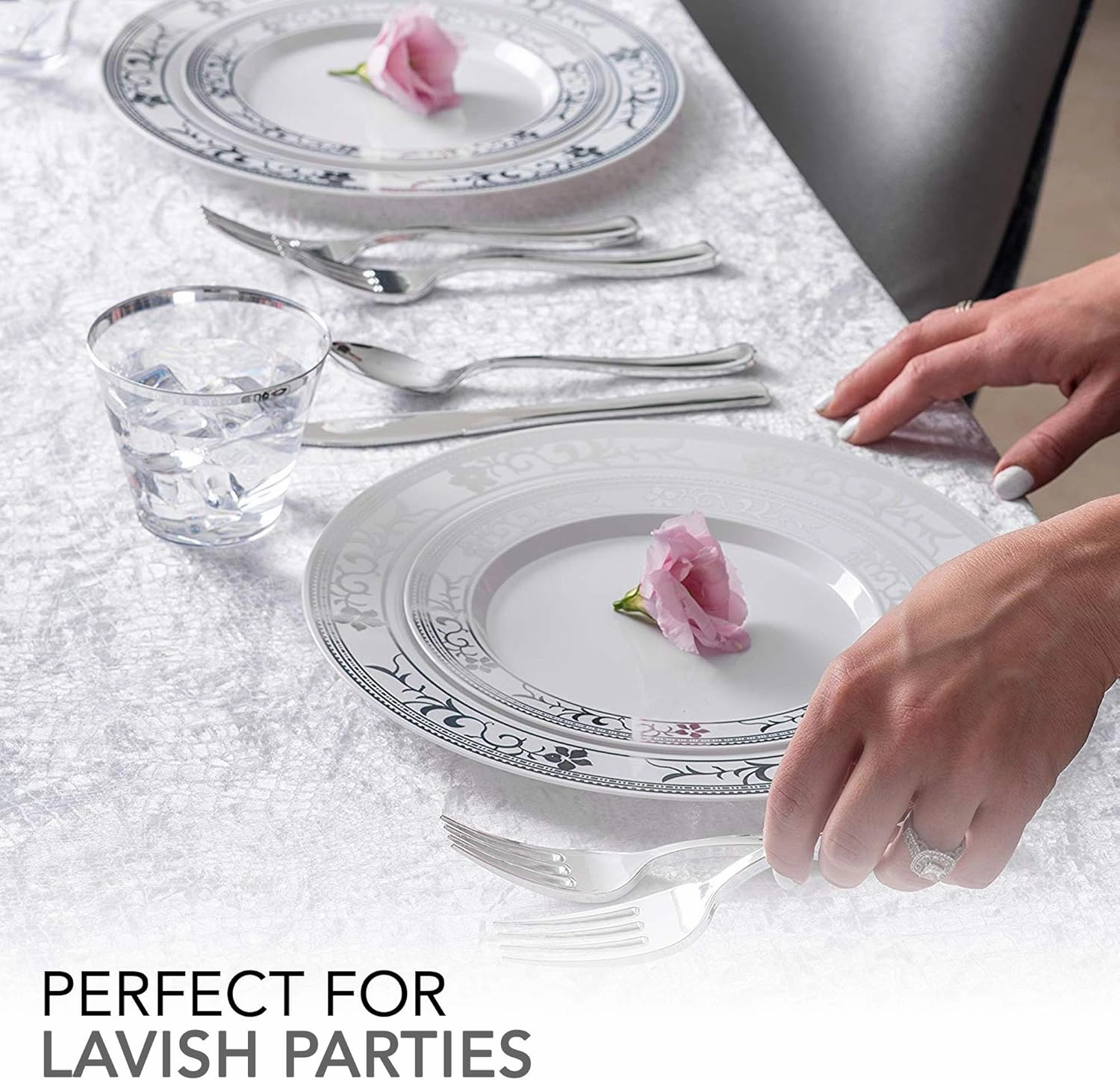 125-Piece White and Silver Floral Fancy Plastic Plates Disposable with Silverware, Elegant Dinnerware for Weddings, Holiday Party China, Set of 25 Dinner   Salad Plates, 25 Spoons, 25 Forks, 25 Knives