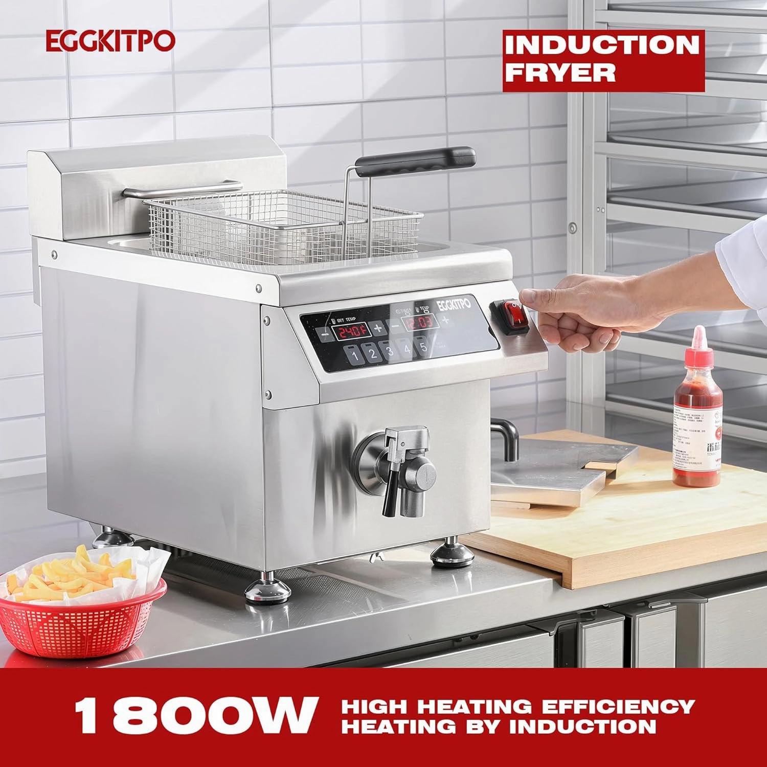 12.6 QT Commercial Fryer Induction Fryer with Timer and Drain Electric Deep Fryer with Basket and Lid 12 L Large Countertop fryer for Home Use Kitchen Commercial Business 120V 1800W