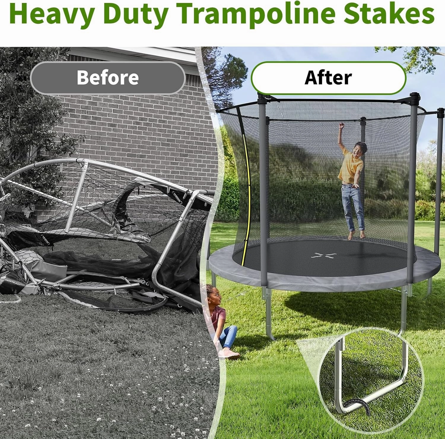 12 Inches Trampoline Wind Stakes, Heavy Duty U Stakes for Ground, 8-Pack Trampoline Tie Down Anchor Kit for Swing Set and Soccer Goal Galvanized Steel Anchors Black