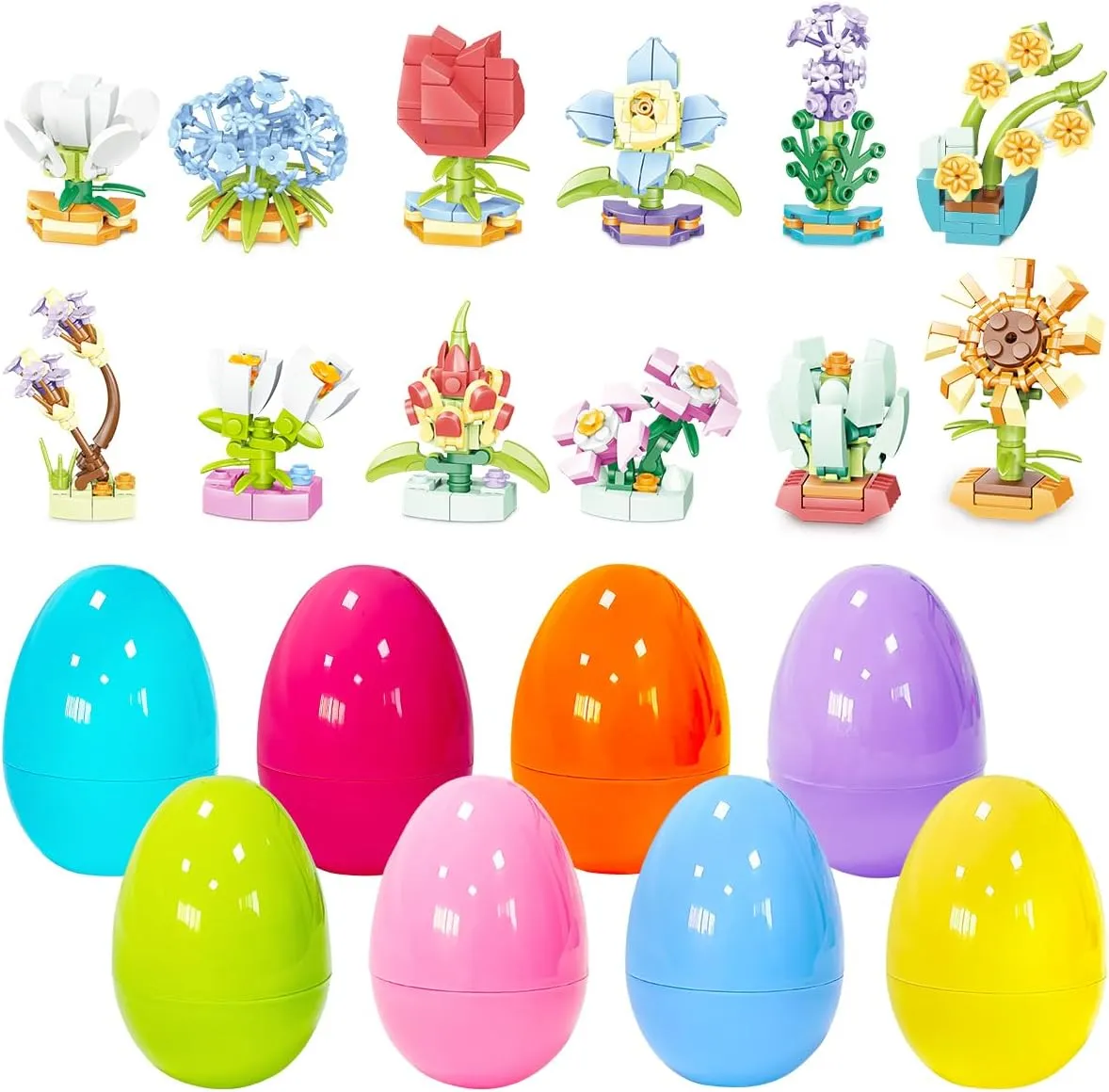 12Pcs Easter Plastic Eggs with Flower Building Blocks for Easter Theme Party Favors, Supplies for Easter Egg Hunt, Basket Stuffers/Fillers, Classroom Prize Supplies Toddler Boys Girls