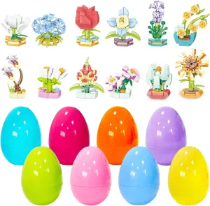 12Pcs Easter Plastic Eggs with Flower Building Blocks for Easter Theme Party Favors, Supplies for Easter Egg Hunt, Basket Stuffers/Fillers, Classroom Prize Supplies Toddler Boys Girls