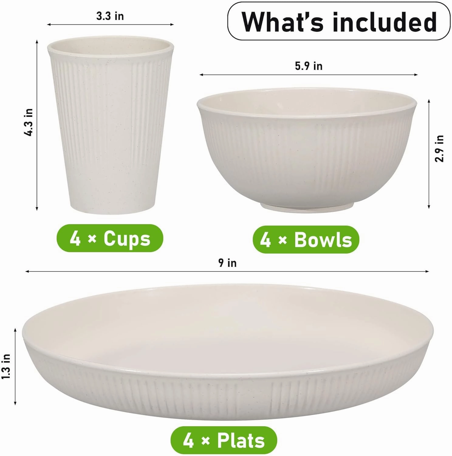 12pcs Wheat Straw Dinnerware Sets for 4, Kitchen Unbreakable Wheat Straw Plates and Bowls Sets for College Dorm Apartment Reusable Beige