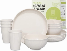 12pcs Wheat Straw Dinnerware Sets for 4, Kitchen Unbreakable Wheat Straw Plates and Bowls Sets for College Dorm Apartment Reusable Beige