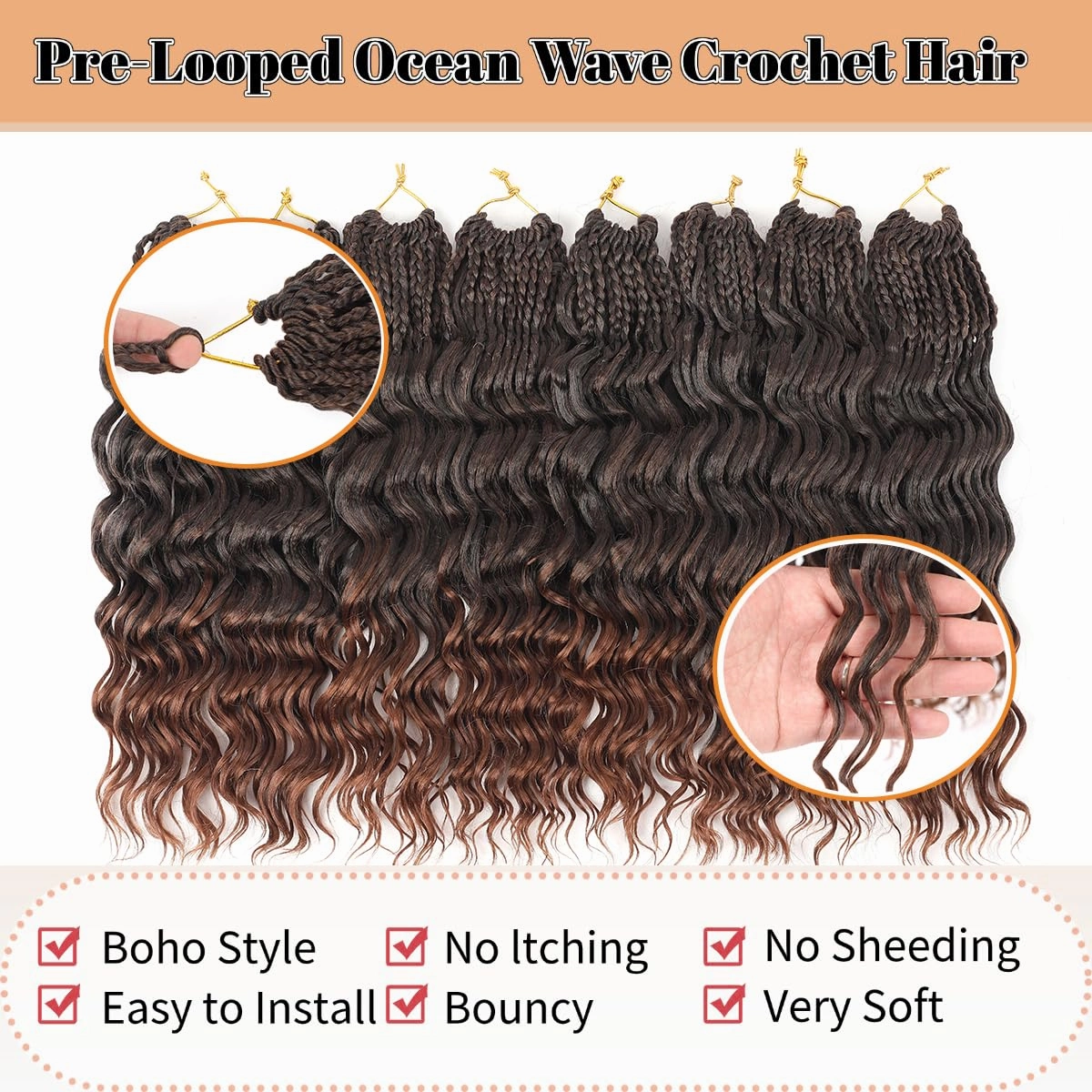 14 Inch Ocean Wave Crochet Hair 8 Packs - Synthetic Pre-Looped Deep Wavy Curly Braiding Hair for Black Women, Boho Style Hair Extensions (14inch,1B/30-8 Packs)