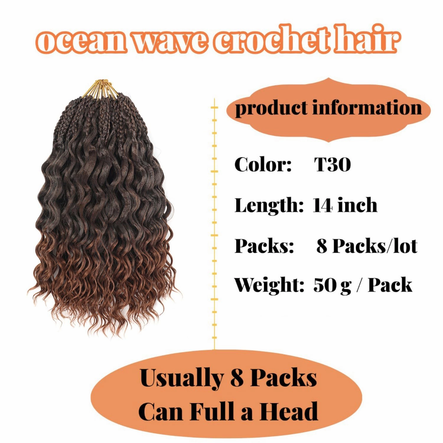 14 Inch Ocean Wave Crochet Hair 8 Packs - Synthetic Pre-Looped Deep Wavy Curly Braiding Hair for Black Women, Boho Style Hair Extensions (14inch,1B/30-8 Packs)