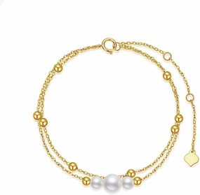14K Gold Pearl Bracelets for Women, Solid Gold Double Chain Bracelet with Cultured Freshwater Pearls Jewelry Anniversary Mother's Day Gift for Wife, Mom, 8"