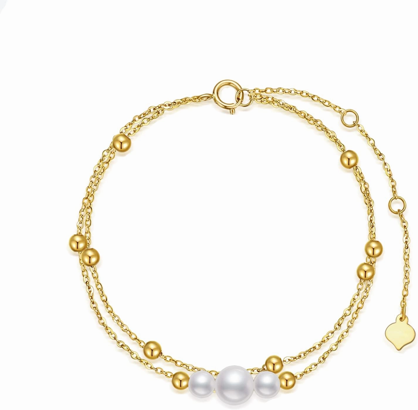 14K Gold Pearl Bracelets for Women, Solid Gold Double Chain Bracelet with Cultured Freshwater Pearls Jewelry Anniversary Mother's Day Gift for Wife, Mom, 8"
