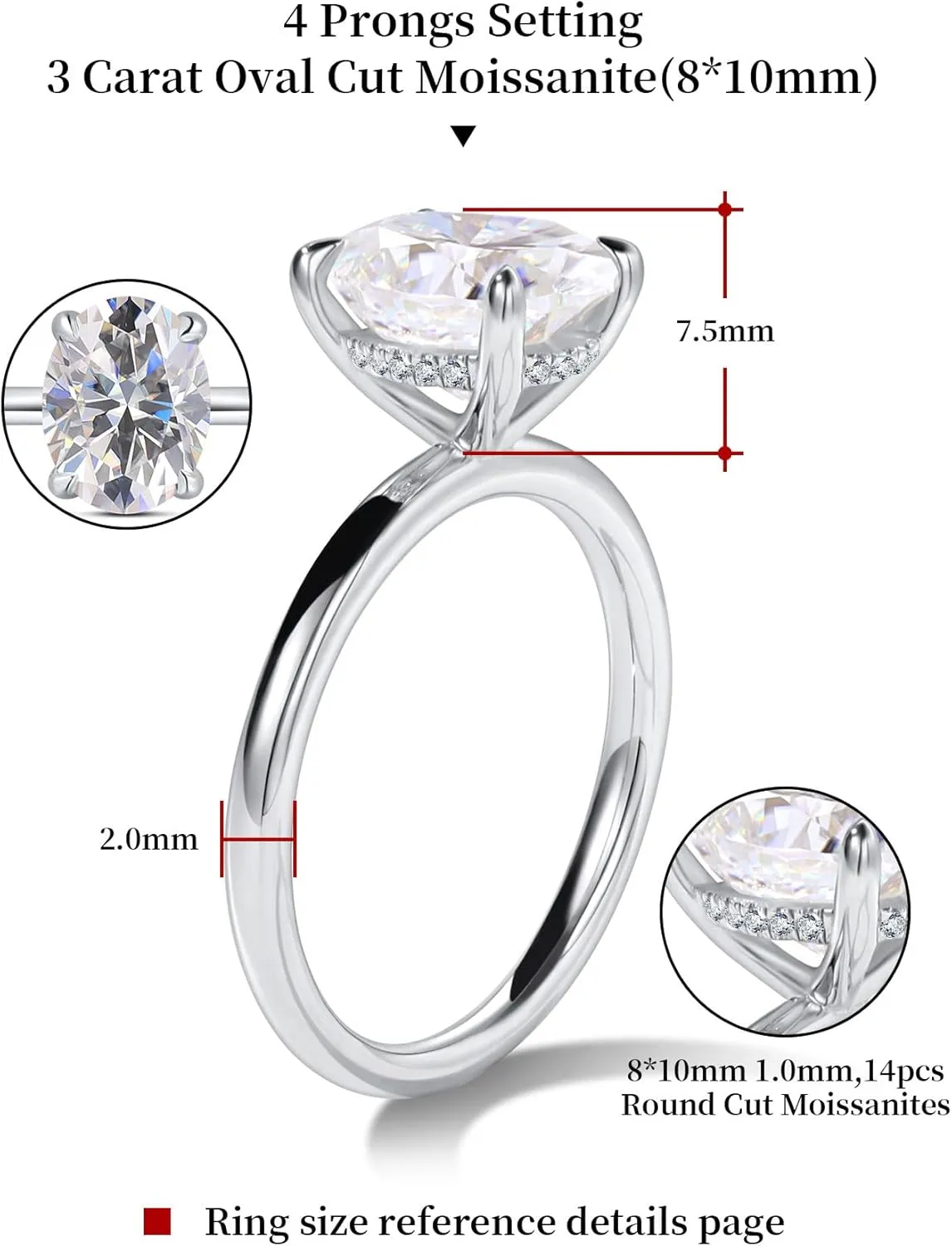 1.5-3ct Oval Moissanite Engagement Ring 18K White Gold Plated Solid Silver D-Color VVS1 Solitaire Promise Ring