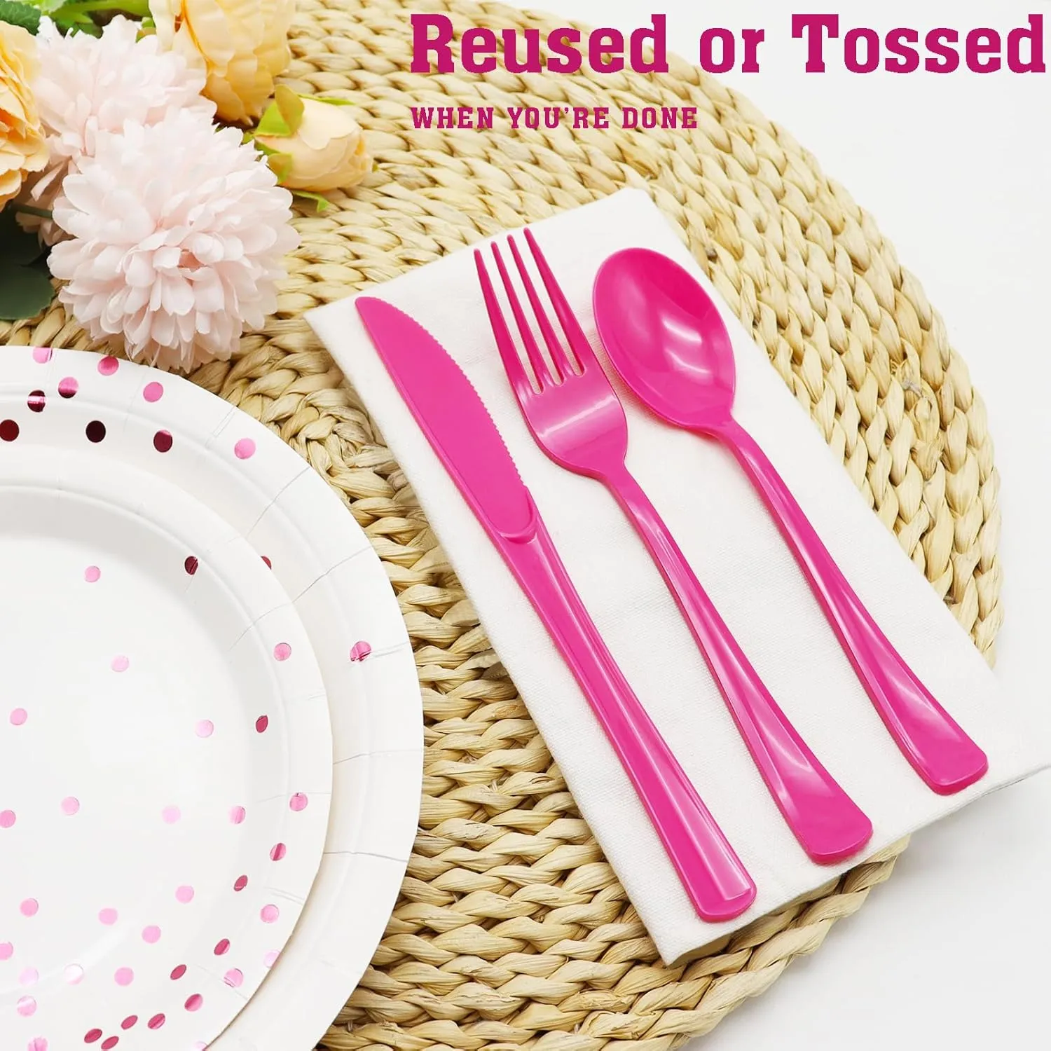 150 Pcs Hot Pink Plastic Silverware Hot Pink Plastic Utensils Heavy Duty - 50 Forks, 50 Knives, 50 Spoons for Birthday Bachelorette Wedding Bridal Shower