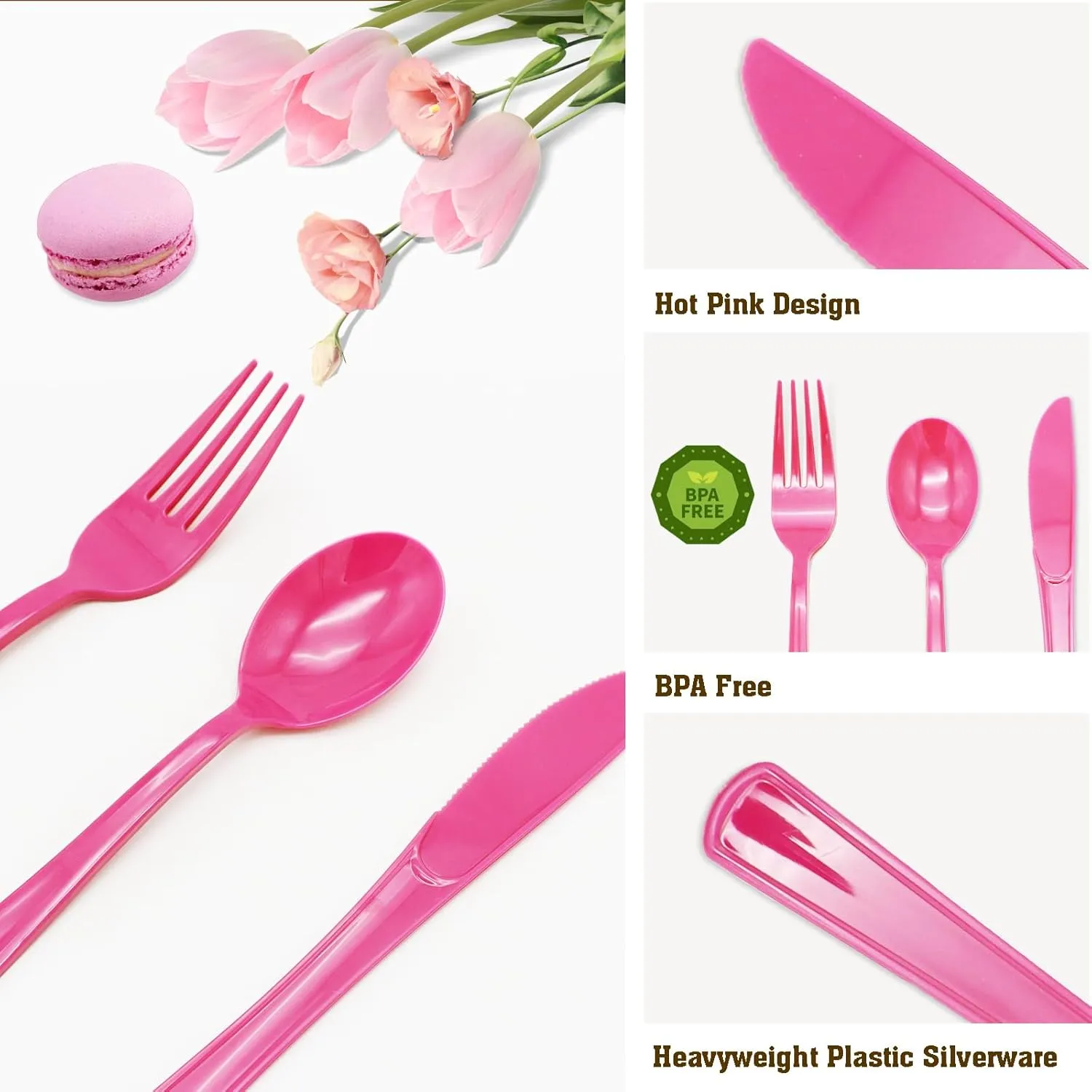 150 Pcs Hot Pink Plastic Silverware Hot Pink Plastic Utensils Heavy Duty - 50 Forks, 50 Knives, 50 Spoons for Birthday Bachelorette Wedding Bridal Shower