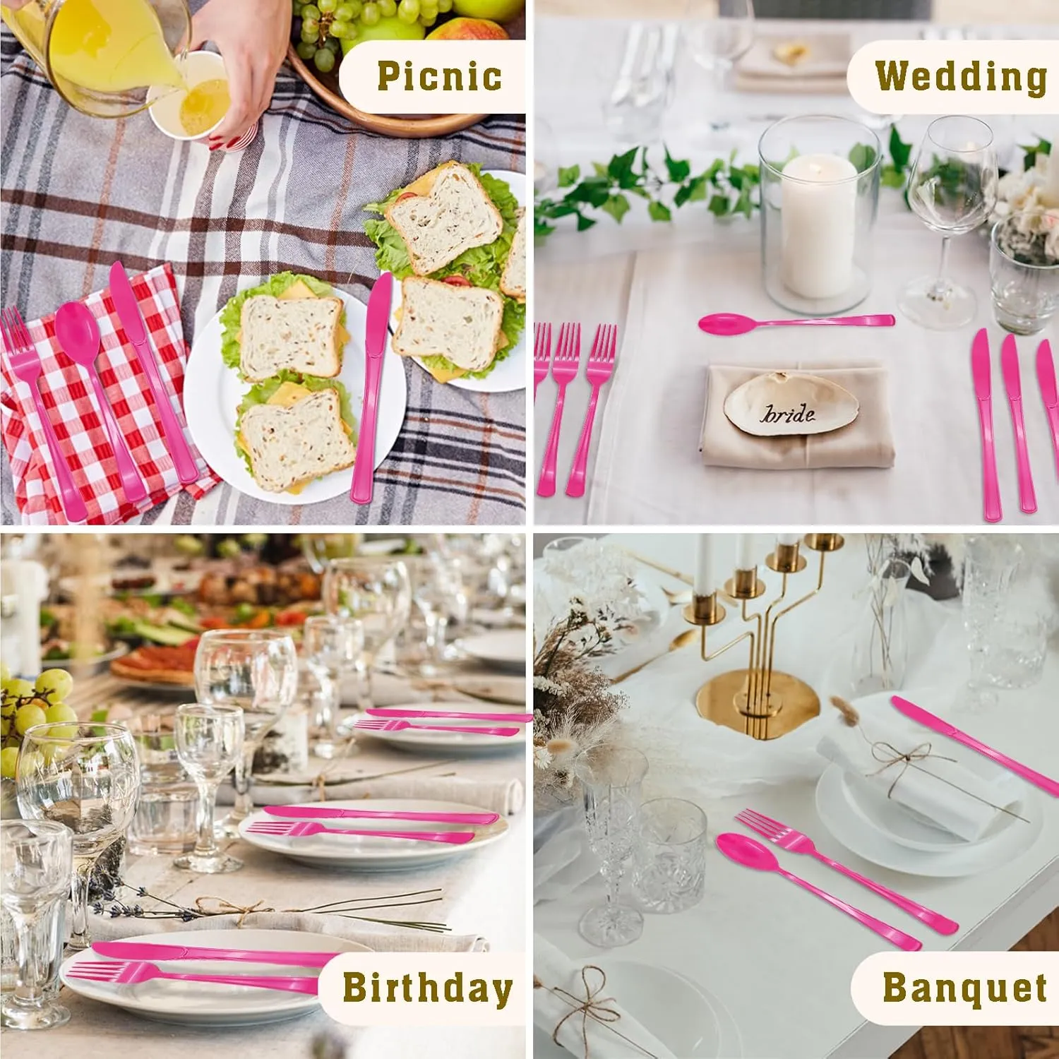 150 Pcs Hot Pink Plastic Silverware Hot Pink Plastic Utensils Heavy Duty - 50 Forks, 50 Knives, 50 Spoons for Birthday Bachelorette Wedding Bridal Shower