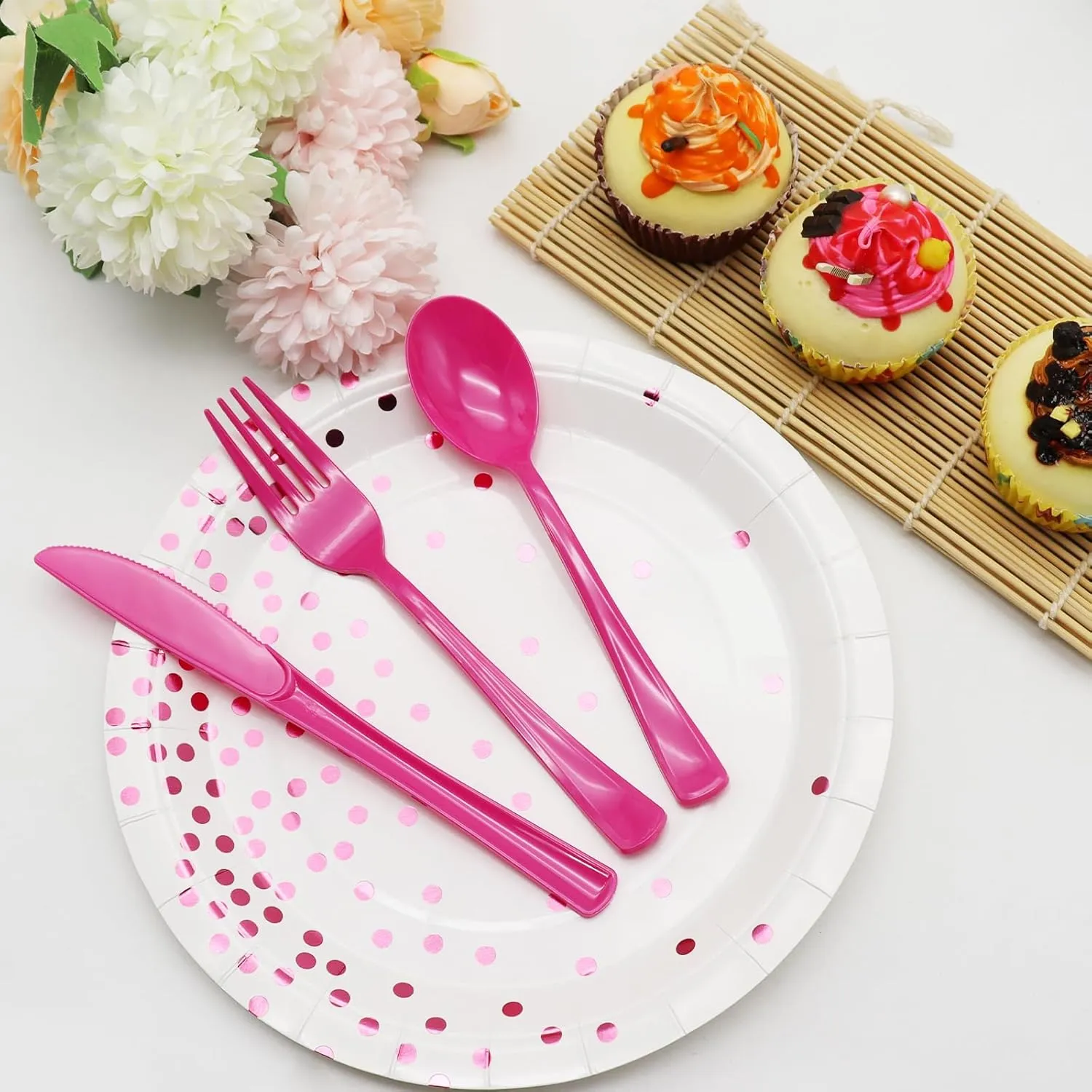 150 Pcs Hot Pink Plastic Silverware Hot Pink Plastic Utensils Heavy Duty - 50 Forks, 50 Knives, 50 Spoons for Birthday Bachelorette Wedding Bridal Shower