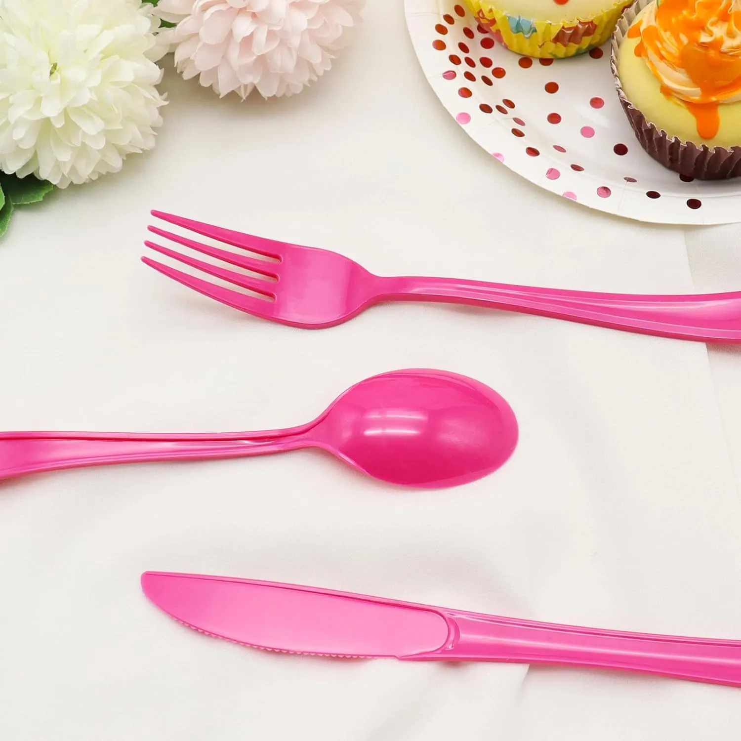150 Pcs Hot Pink Plastic Silverware Hot Pink Plastic Utensils Heavy Duty - 50 Forks, 50 Knives, 50 Spoons for Birthday Bachelorette Wedding Bridal Shower