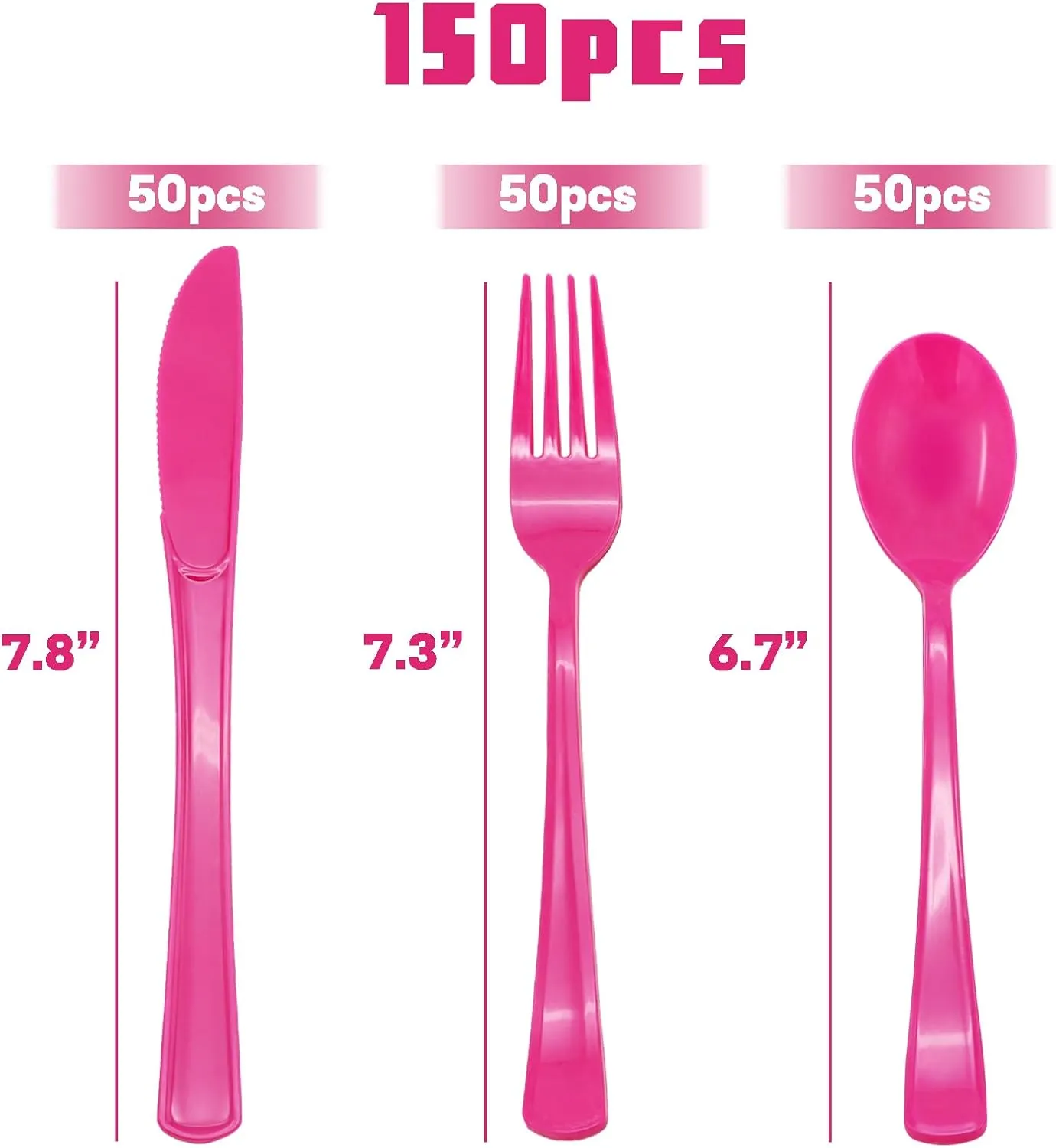 150 Pcs Hot Pink Plastic Silverware Hot Pink Plastic Utensils Heavy Duty - 50 Forks, 50 Knives, 50 Spoons for Birthday Bachelorette Wedding Bridal Shower
