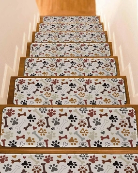 15Pack Non Slip Stair Treads for Wooden Steps Vintage Retro Dog Bones Claws Indoor Washable Pads Self Adhesive Stair Runner Carpets, Cartoon Step Tread Rugs for Elders,Kids,Pets,8x30IN