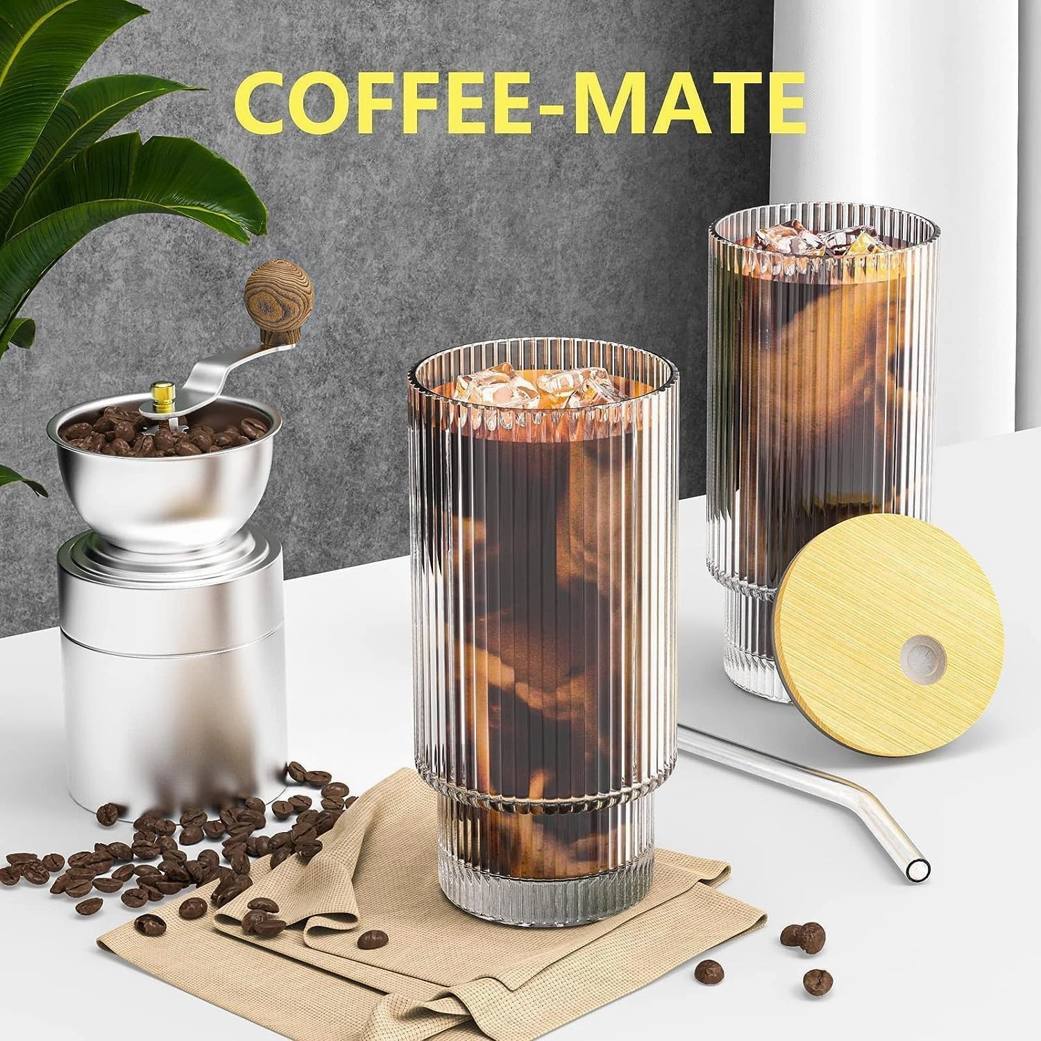 16Oz Glass Cups, 6Set Glass Tumbler with Straw and Lid, Vintage Glassware for Whiskey Cocktail Beer, Iced Coffee Cups with Lid (6 PACK)