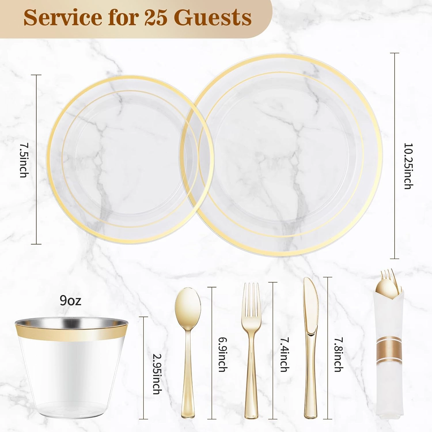 175PCS Clear Gold Plastic Dinnerware Set, Disposable Party Plates for 25 Guests, Include: 50 Plastic Plates, 25 Pre Rolled Napkins with Silverware, 25 Cups