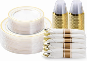 175PCS Clear Gold Plastic Dinnerware Set, Disposable Party Plates for 25 Guests, Include: 50 Plastic Plates, 25 Pre Rolled Napkins with Silverware, 25 Cups