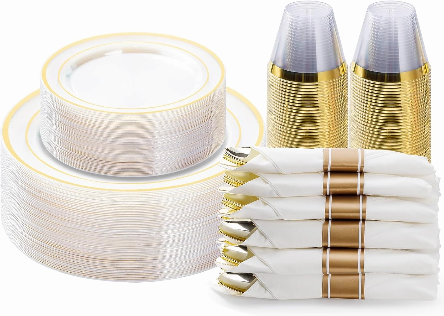 175PCS Clear Gold Plastic Dinnerware Set, Disposable Party Plates for 25 Guests, Include: 50 Plastic Plates, 25 Pre Rolled Napkins with Silverware, 25 Cups