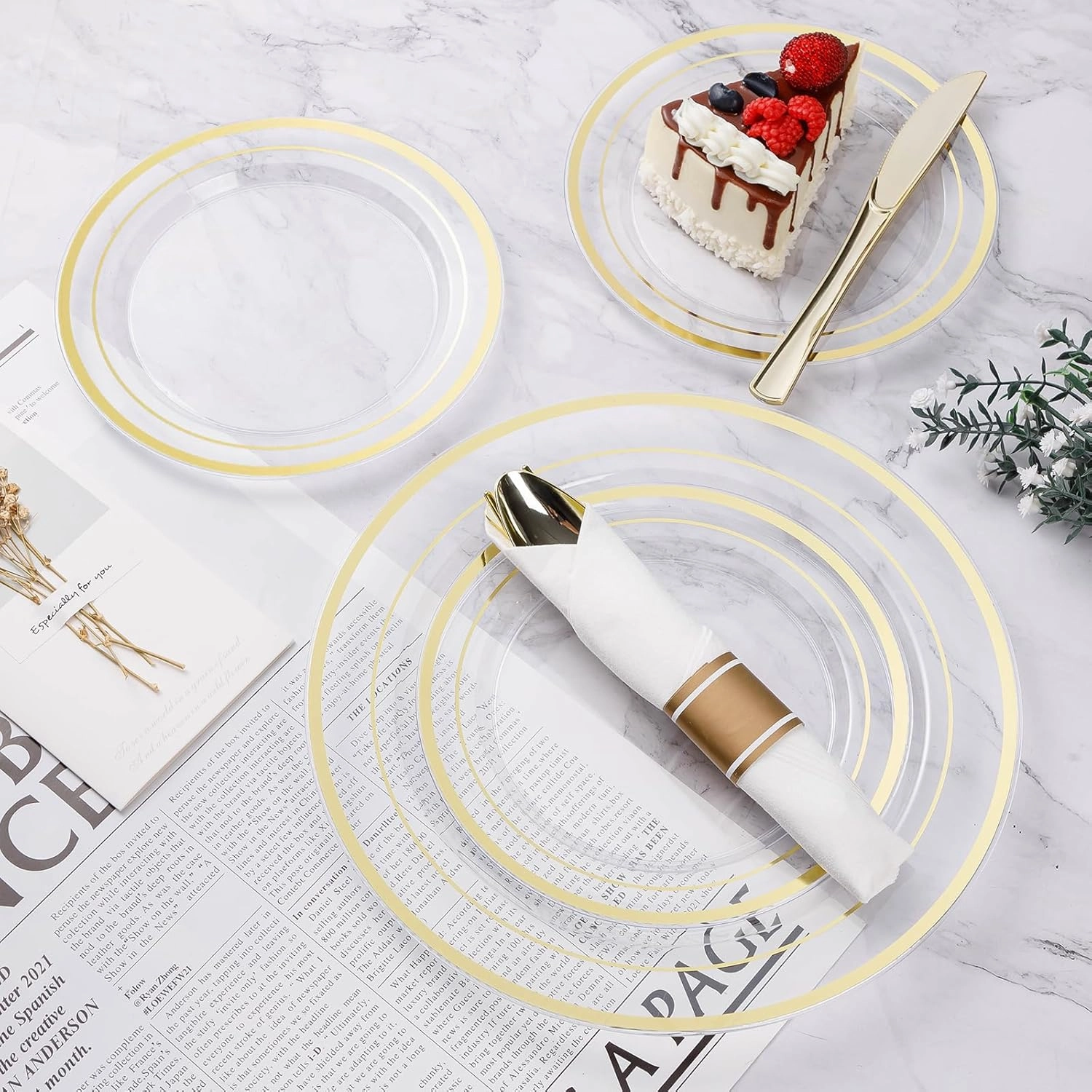 175PCS Clear Gold Plastic Dinnerware Set, Disposable Party Plates for 25 Guests, Include: 50 Plastic Plates, 25 Pre Rolled Napkins with Silverware, 25 Cups