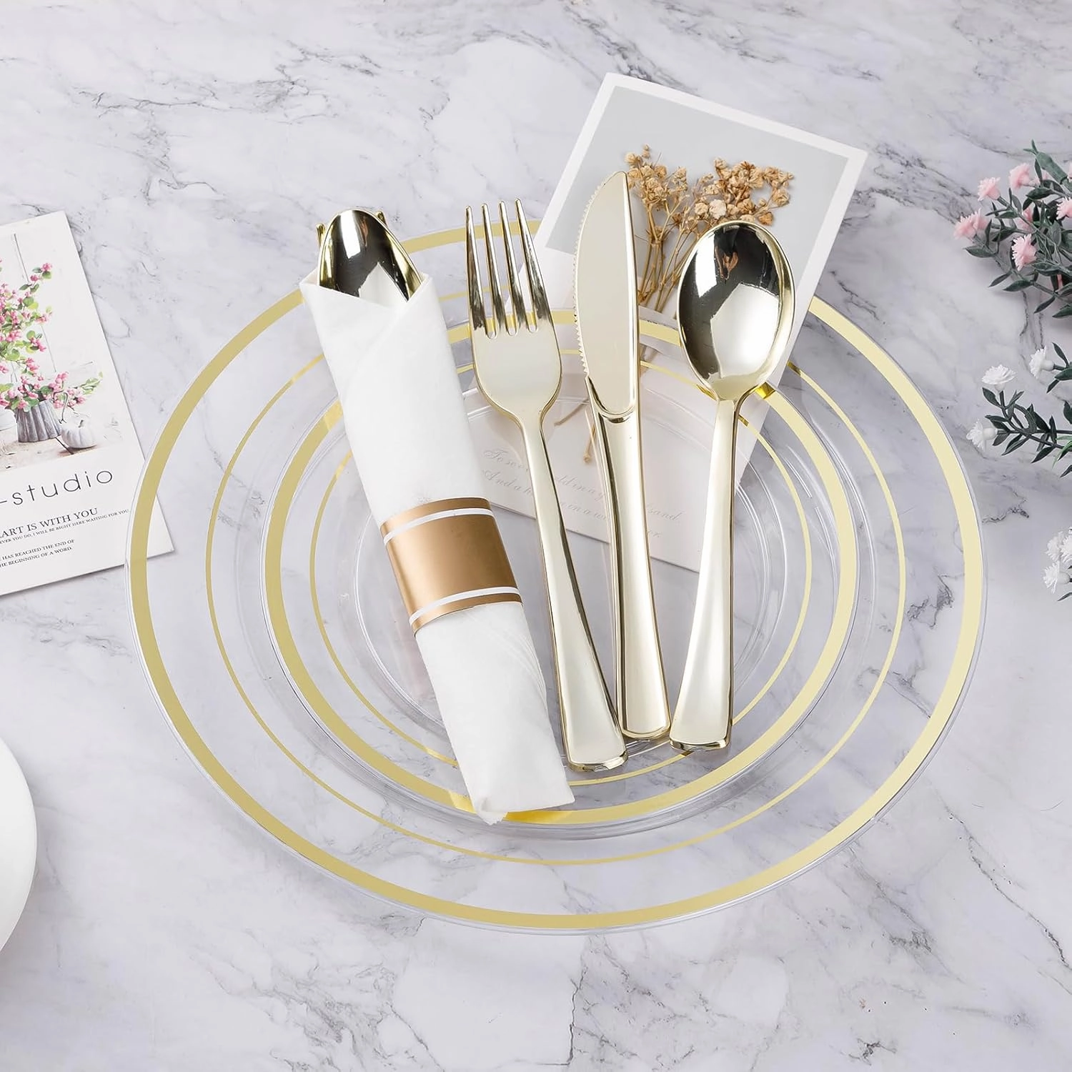 175PCS Clear Gold Plastic Dinnerware Set, Disposable Party Plates for 25 Guests, Include: 50 Plastic Plates, 25 Pre Rolled Napkins with Silverware, 25 Cups