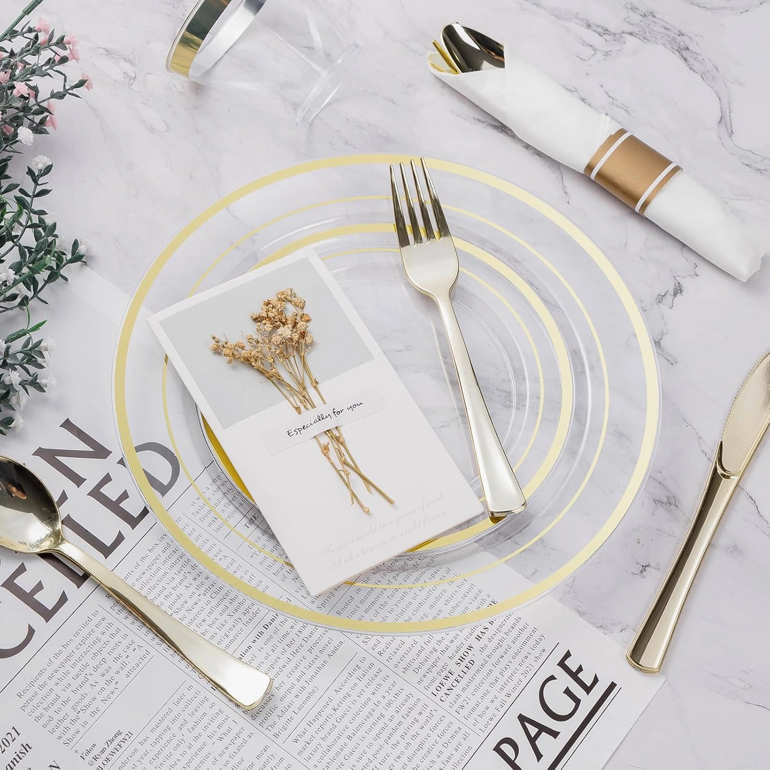 175PCS Clear Gold Plastic Dinnerware Set, Disposable Party Plates for 25 Guests, Include: 50 Plastic Plates, 25 Pre Rolled Napkins with Silverware, 25 Cups